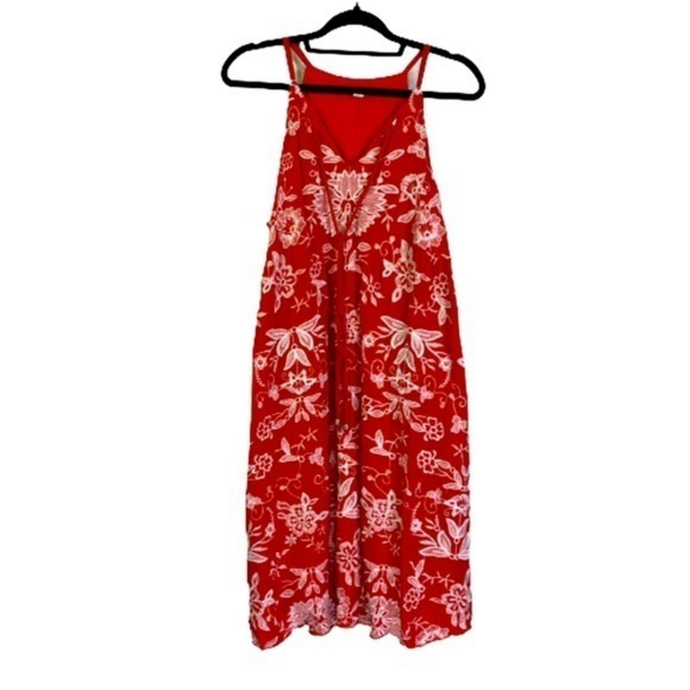 WESTPORT Red & White Floral Embroidered Swing Dress